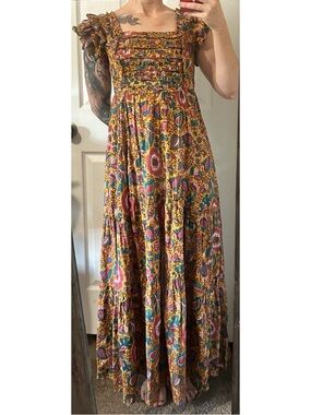 House of Harlow 1960 Mustard Floral Smocked Maxi Dress